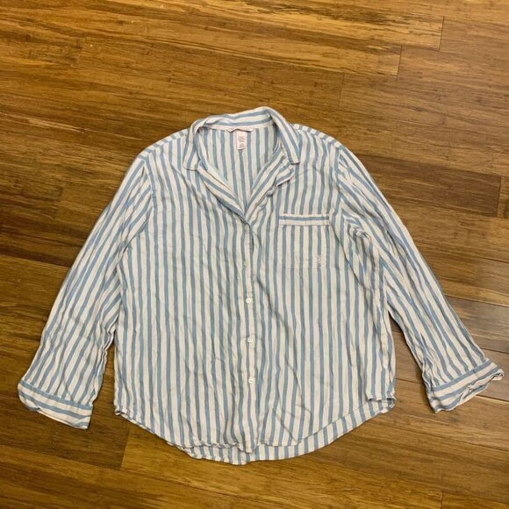 Victoria's Secret Top Womens Large Pink Blue Pajama Striped Button‎ Down Sleep